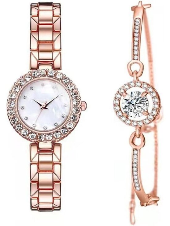 Women\'s Rose Gold Analog Quartz Classic Alloy Strap Crystal Bracelet Set Watch main image 4